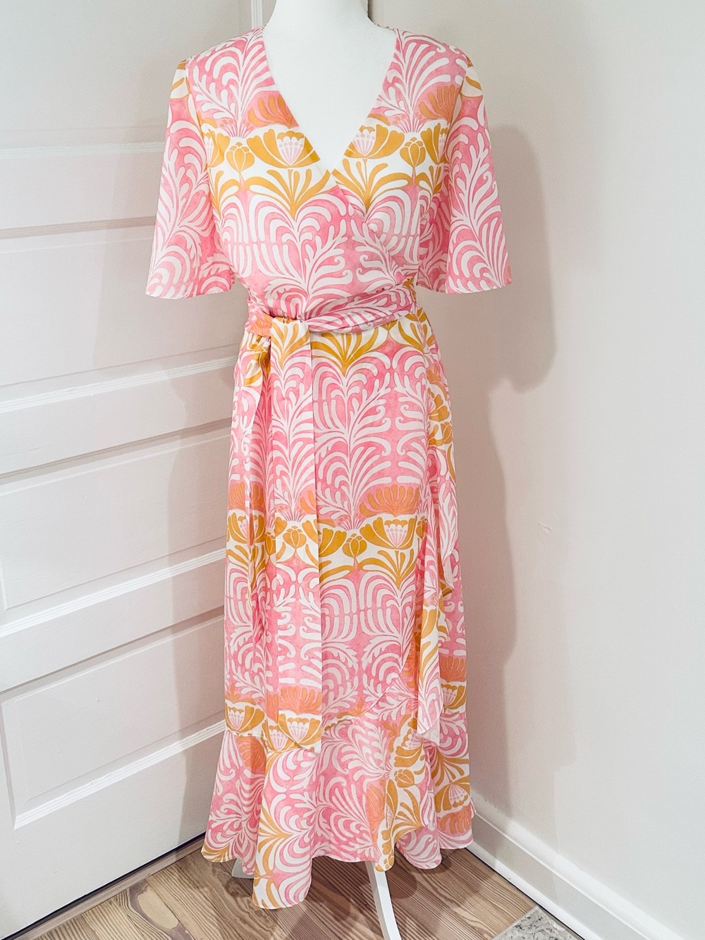 J. McLaughlin Pink and Yellow Patterned Wrap Maxi/Midi Dress